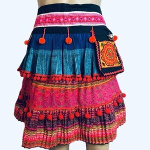 Tribal Southwestern Bohemian Wraparound and Under Skirts Pom Pom Accents Shipibo